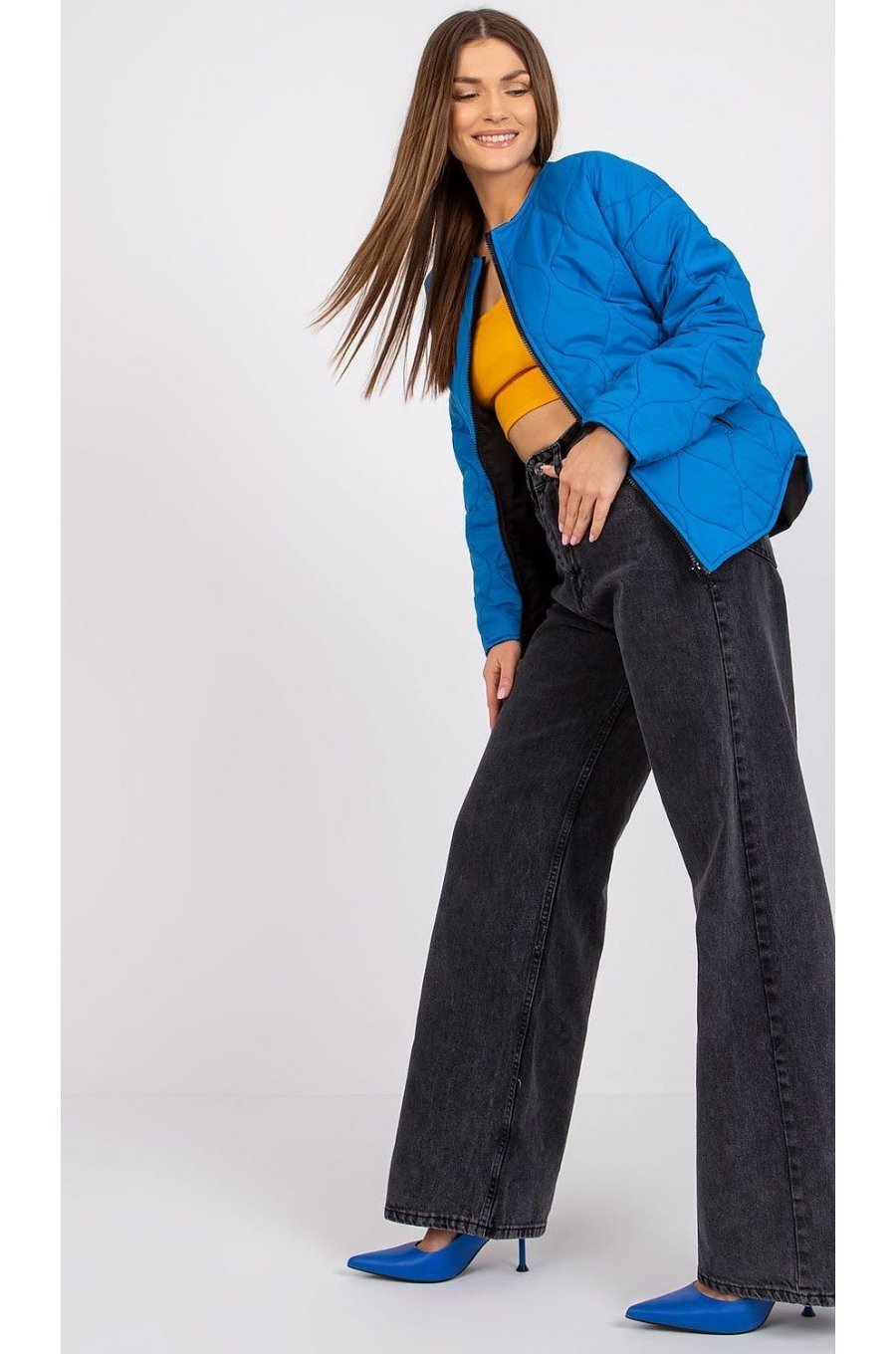 Geaca dama de toamna, din fas, albastra, Anais Geaca dama de toamna, din fas, albastra, Anais 2 - jojofashion.ro