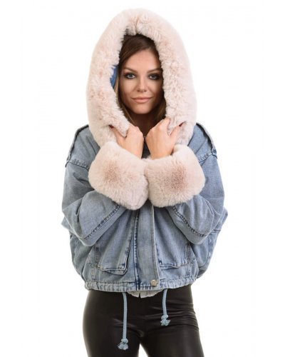 Geaca dama denim albastru cu gluga si blana eco bej oversize Madelyne Geci dama, Geaca dama denim albastru cu gluga si blana eco bej oversize Madelyne - jojofashion.ro
