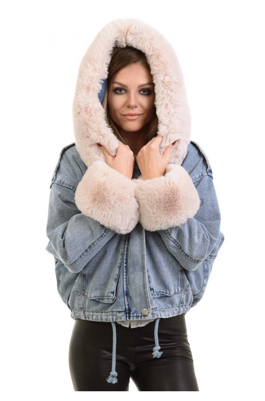 Geaca dama denim albastru cu gluga si blana eco bej oversize Madelyne 2 - jojofashion.ro