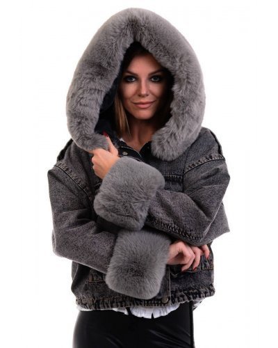 Geaca dama denim negru cu gluga si blana eco gri oversize Madelyne Geci dama, Geaca dama denim negru cu gluga si blana eco gri oversize Madelyne - jojofashion.ro