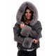 Geaca dama denim negru cu gluga si blana eco gri oversize Madelyne 2 - jojofashion.ro