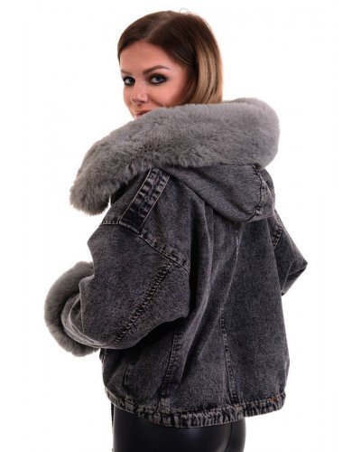 Geaca dama denim negru cu gluga si blana eco gri oversize Madelyne Geci dama, Geaca dama denim negru cu gluga si blana eco gri oversize Madelyne - jojofashion.ro