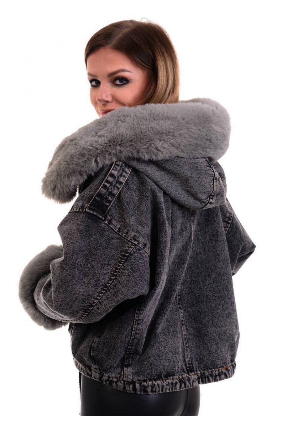 Geaca dama denim negru cu gluga si blana eco gri oversize Madelyne 2 - jojofashion.ro