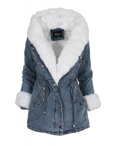Geaca dama parka din denim albastru cu blanita eco alba Wanda Geci dama, Geaca dama parka din denim albastru cu blanita eco alba Wanda - jojofashion.ro