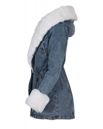 Geaca dama parka din denim albastru cu blanita eco alba Wanda Geci dama, Geaca dama parka din denim albastru cu blanita eco alba Wanda - jojofashion.ro