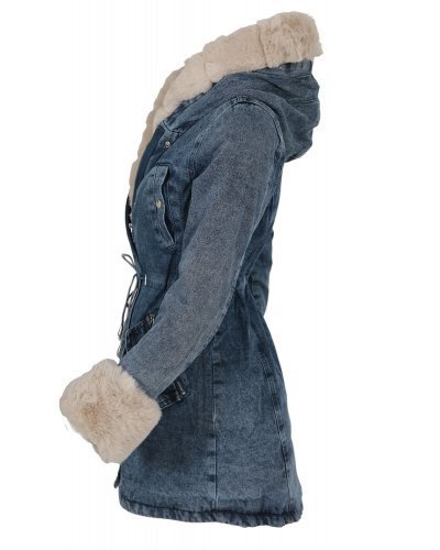Geaca dama parka din denim albastru cu blanita eco bej Wanda Geci dama, Geaca dama parka din denim albastru cu blanita eco bej Wanda - jojofashion.ro