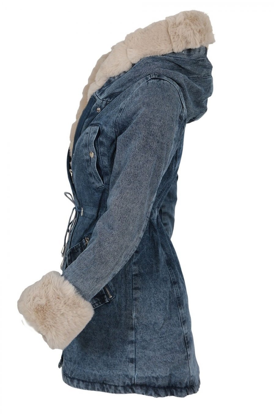 Geaca dama parka din denim albastru cu blanita eco bej Wanda 2 - jojofashion.ro