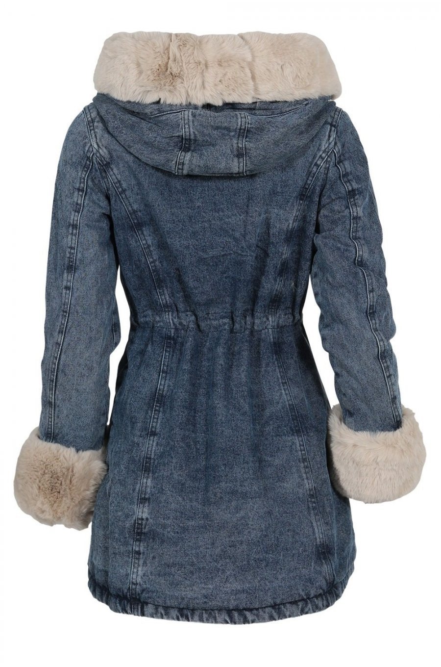 Geaca dama parka din denim albastru cu blanita eco bej Wanda 3 - jojofashion.ro