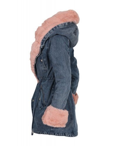 Geaca dama parka din denim albastru cu blanita eco roz Wanda Geci dama, Geaca dama parka din denim albastru cu blanita eco roz Wanda - jojofashion.ro