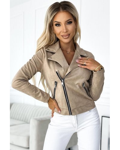 Geaca dama scurta biker, imitatie piele, bej, cu fermoare si capse, Zinaida Geci dama, Geaca dama scurta biker, imitatie piele, bej, cu fermoare si capse, Zinaida - jojofashion.ro