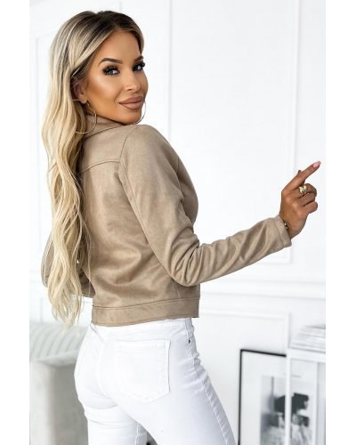Geaca dama scurta biker, imitatie piele, bej, cu fermoare si capse, Zinaida Geci dama, Geaca dama scurta biker, imitatie piele, bej, cu fermoare si capse, Zinaida - jojofashion.ro