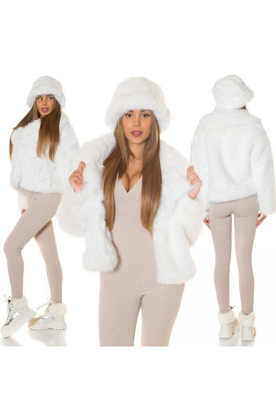 Geaca dama scurta, din blana eco, alba, Kalista 6 - jojofashion.ro