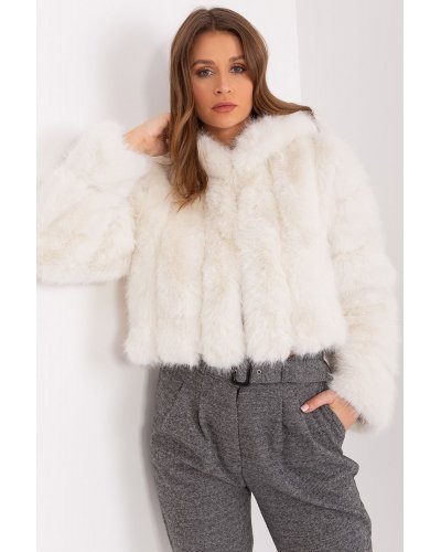 Geaca dama scurta, din blana eco, ecru, cu gluga, Lubelle9 Geci dama, Geaca dama scurta, din blana eco, ecru, cu gluga, Lubelle9 - jojofashion.ro