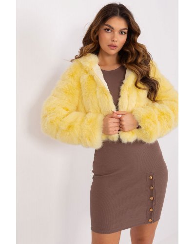 Geaca dama scurta, din blana eco, galbena, cu gluga, Lubelle7 Geci dama, Geaca dama scurta, din blana eco, galbena, cu gluga, Lubelle7 - jojofashion.ro