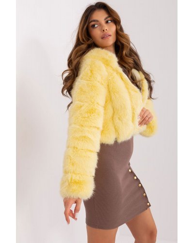 Geaca dama scurta, din blana eco, galbena, cu gluga, Lubelle7 Geci dama, Geaca dama scurta, din blana eco, galbena, cu gluga, Lubelle7 - jojofashion.ro