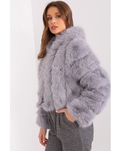 Geaca dama scurta, din blana eco, gri, cu gluga, Lubelle6 Geci dama, Geaca dama scurta, din blana eco, gri, cu gluga, Lubelle6 - jojofashion.ro