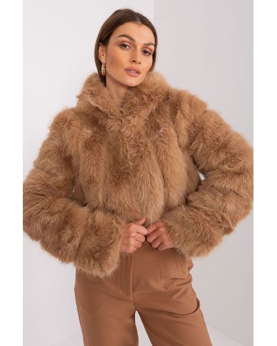 Geaca dama scurta, din blana eco, maro, cu gluga, Lubelle8 Geci dama, Geaca dama scurta, din blana eco, maro, cu gluga, Lubelle8 - jojofashion.ro