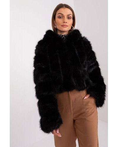 Geaca dama scurta, din blana eco, neagra, cu gluga, Lubelle Geci dama, Geaca dama scurta, din blana eco, neagra, cu gluga, Lubelle - jojofashion.ro