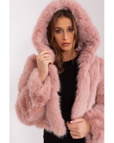 Geaca dama scurta, din blana eco, roz prafuit, cu gluga, Lubelle5 Geci dama, Geaca dama scurta, din blana eco, roz prafuit, cu gluga, Lubelle5 - jojofashion.ro