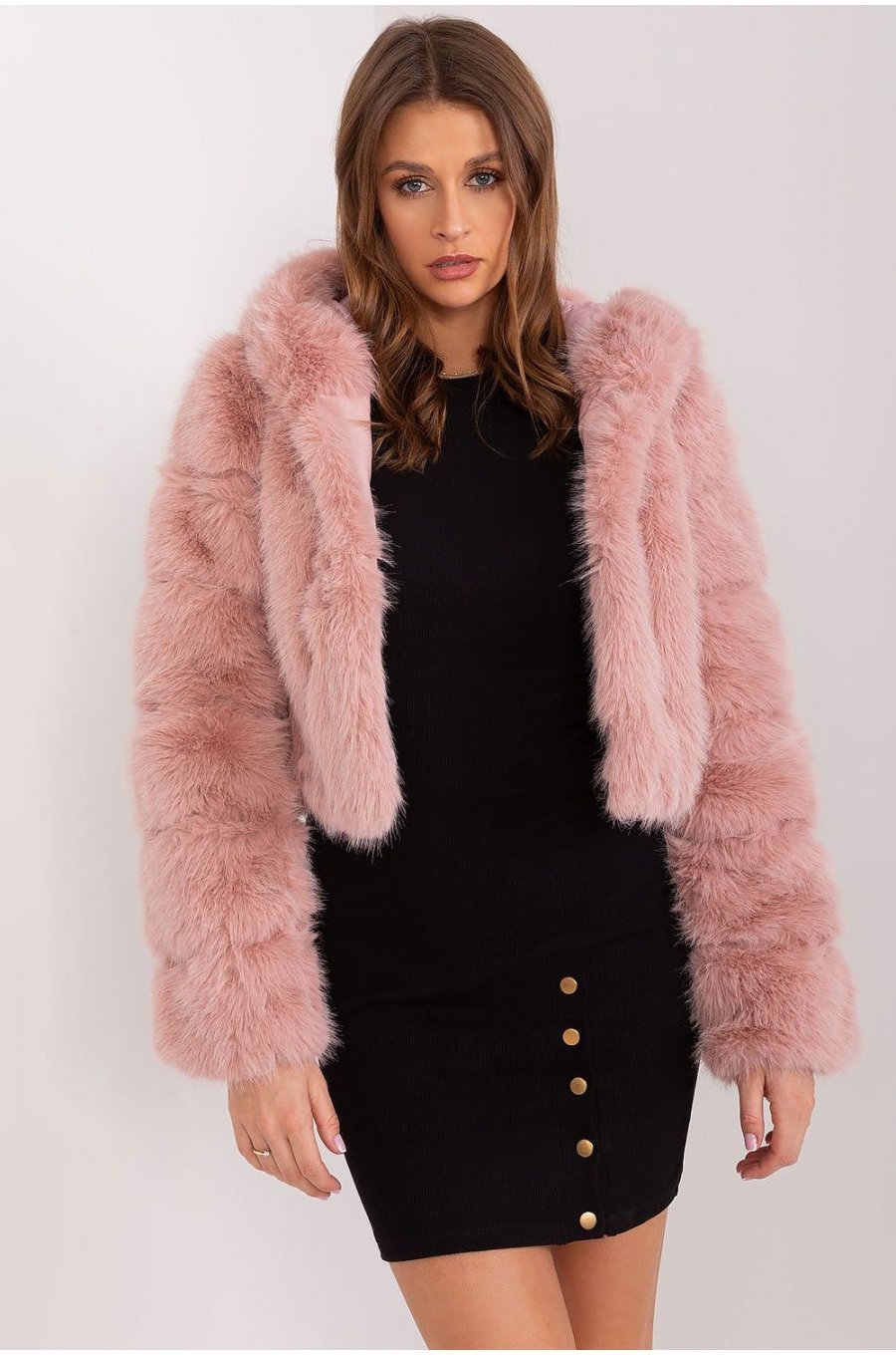 Geaca dama scurta, din blana eco, roz prafuit, cu gluga, Lubelle5 Geaca dama scurta, din blana eco, roz prafuit, cu gluga, Lubelle5 2 - jojofashion.ro
