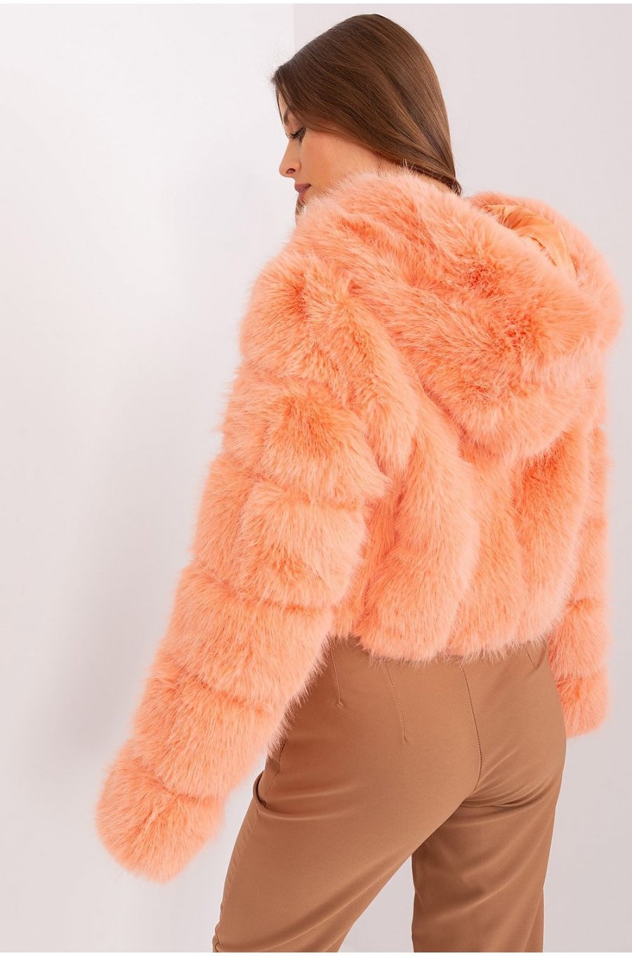 Geaca dama scurta, din blana eco, somon, cu gluga, Lubelle11 Geaca dama scurta, din blana eco, somon, cu gluga, Lubelle11 3 - jojofashion.ro