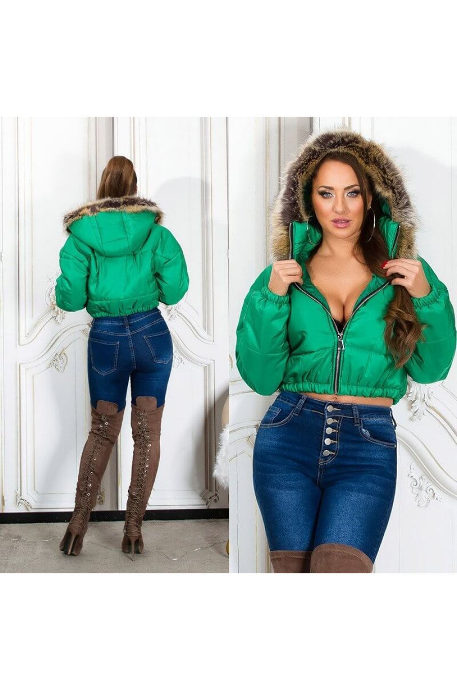 Geaca de dama de iarna verde scurta cu gluga si blanita Lexy 4 - jojofashion.ro
