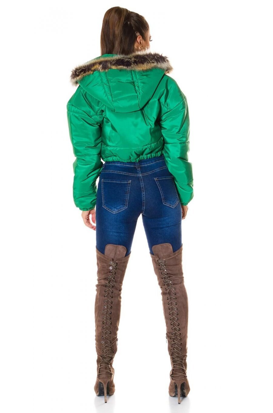 Geaca de dama de iarna verde scurta cu gluga si blanita Lexy 2 - jojofashion.ro