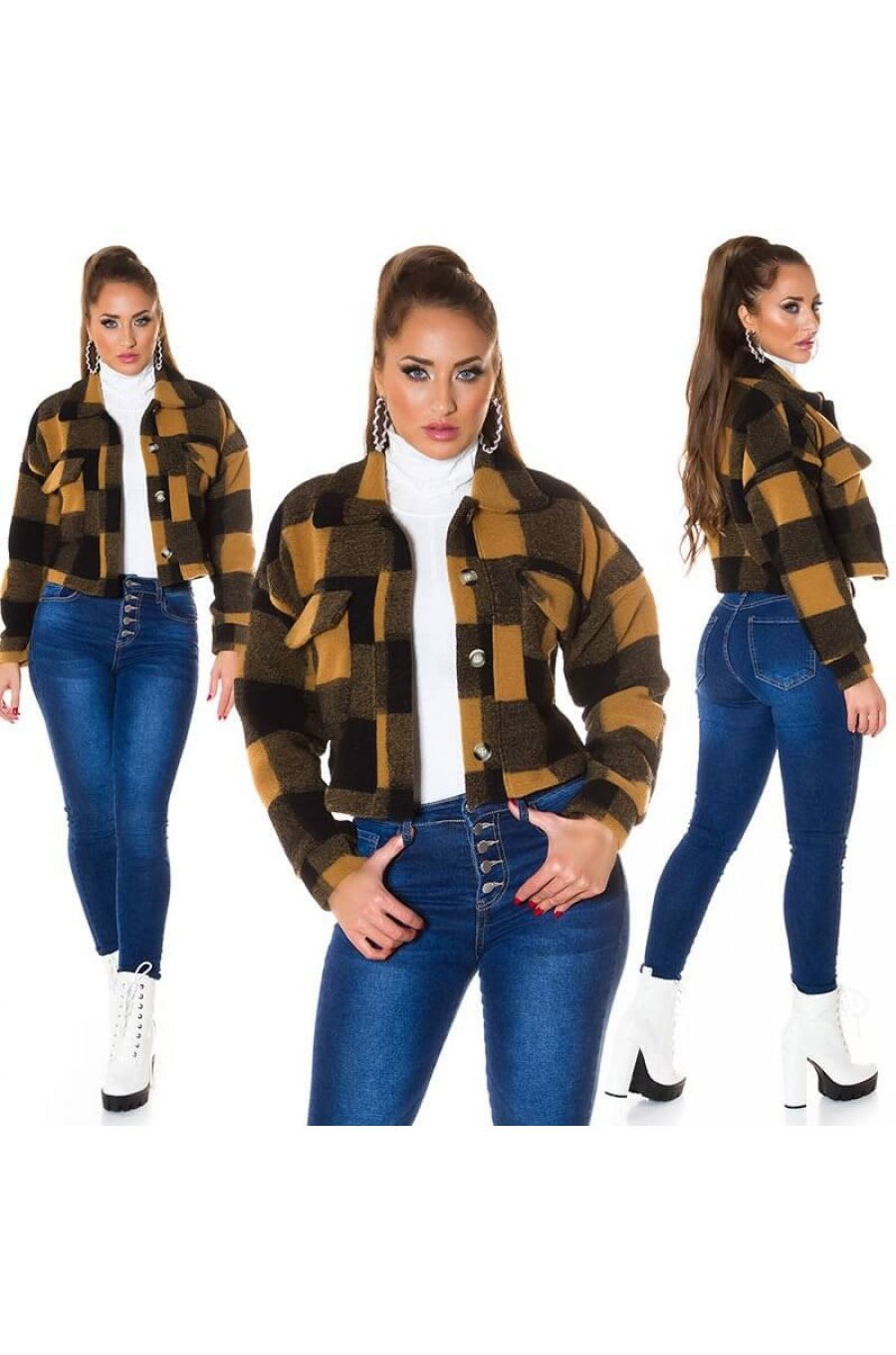 Jacheta dama crop cappuccino cu model in carouri Lizy Jacheta dama crop cappuccino cu model in carouri Lizy 4 - jojofashion.ro