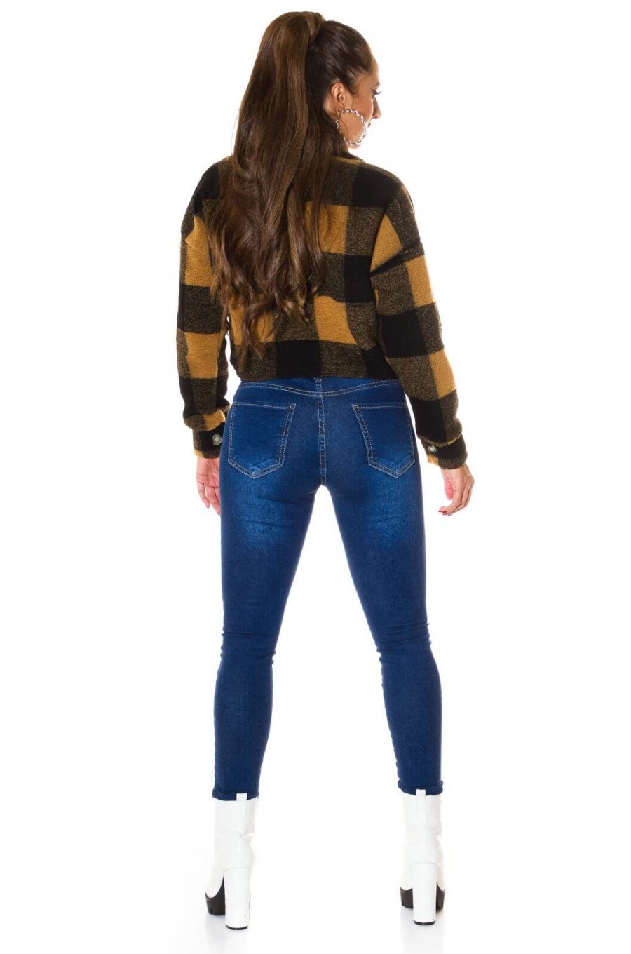 Jacheta dama crop cappuccino cu model in carouri Lizy Jacheta dama crop cappuccino cu model in carouri Lizy 3 - jojofashion.ro