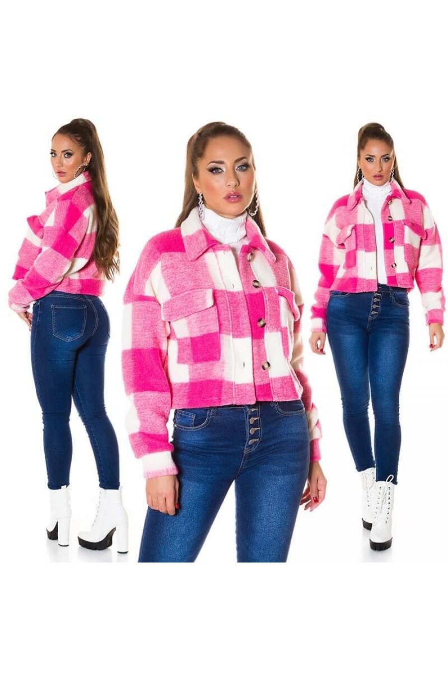 Jacheta dama crop roz cu model in carouri Lizy Jacheta dama crop roz cu model in carouri Lizy 4 - jojofashion.ro