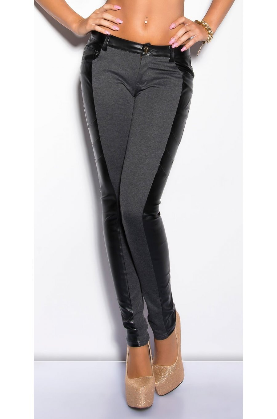 Pantaloni dama eleganti gri vascoza cu insertii din piele, talie joasa Jamilla 1 - jojofashion.ro