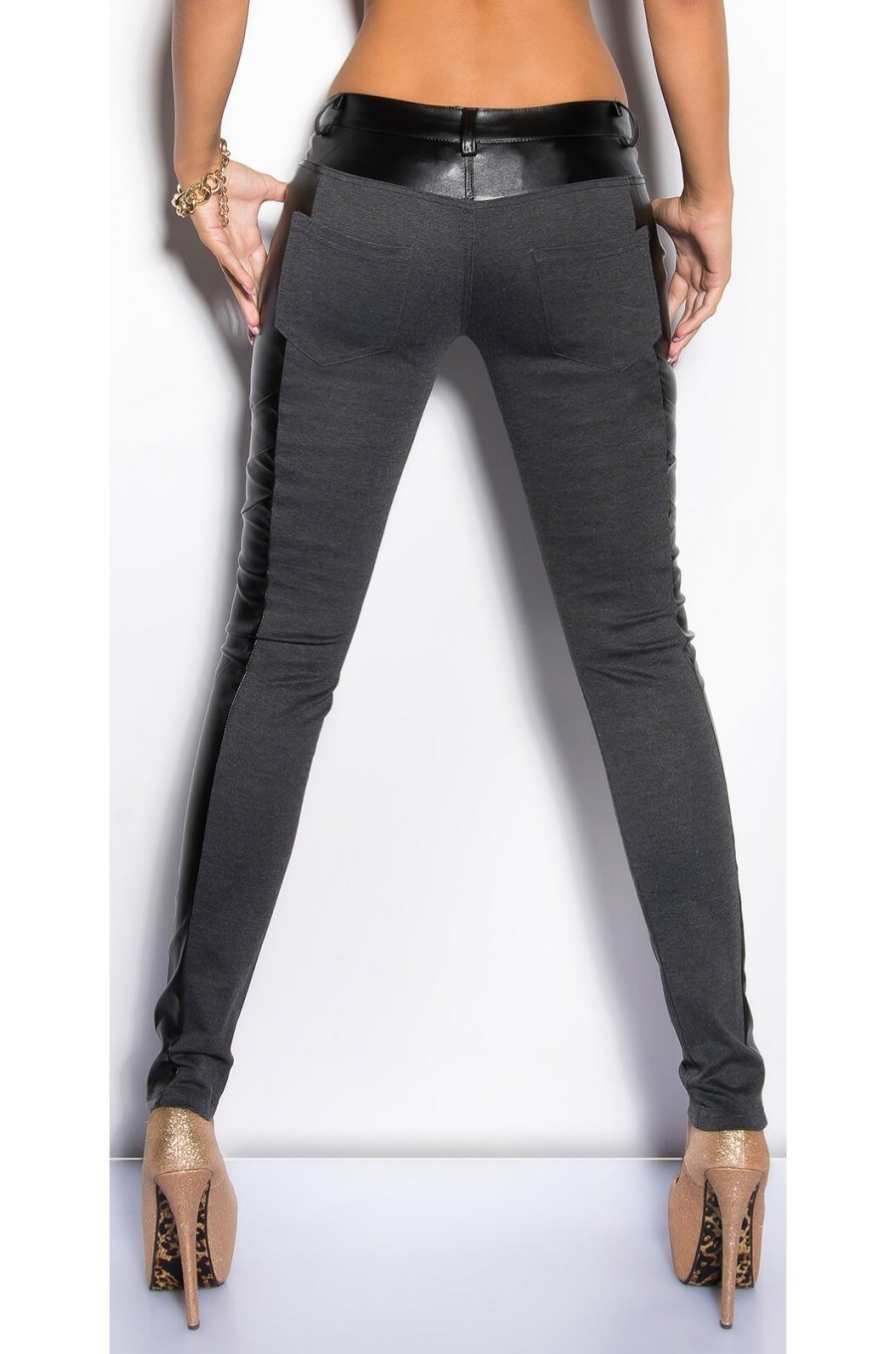 Pantaloni dama eleganti gri vascoza cu insertii din piele, talie joasa Jamilla 3 - jojofashion.ro