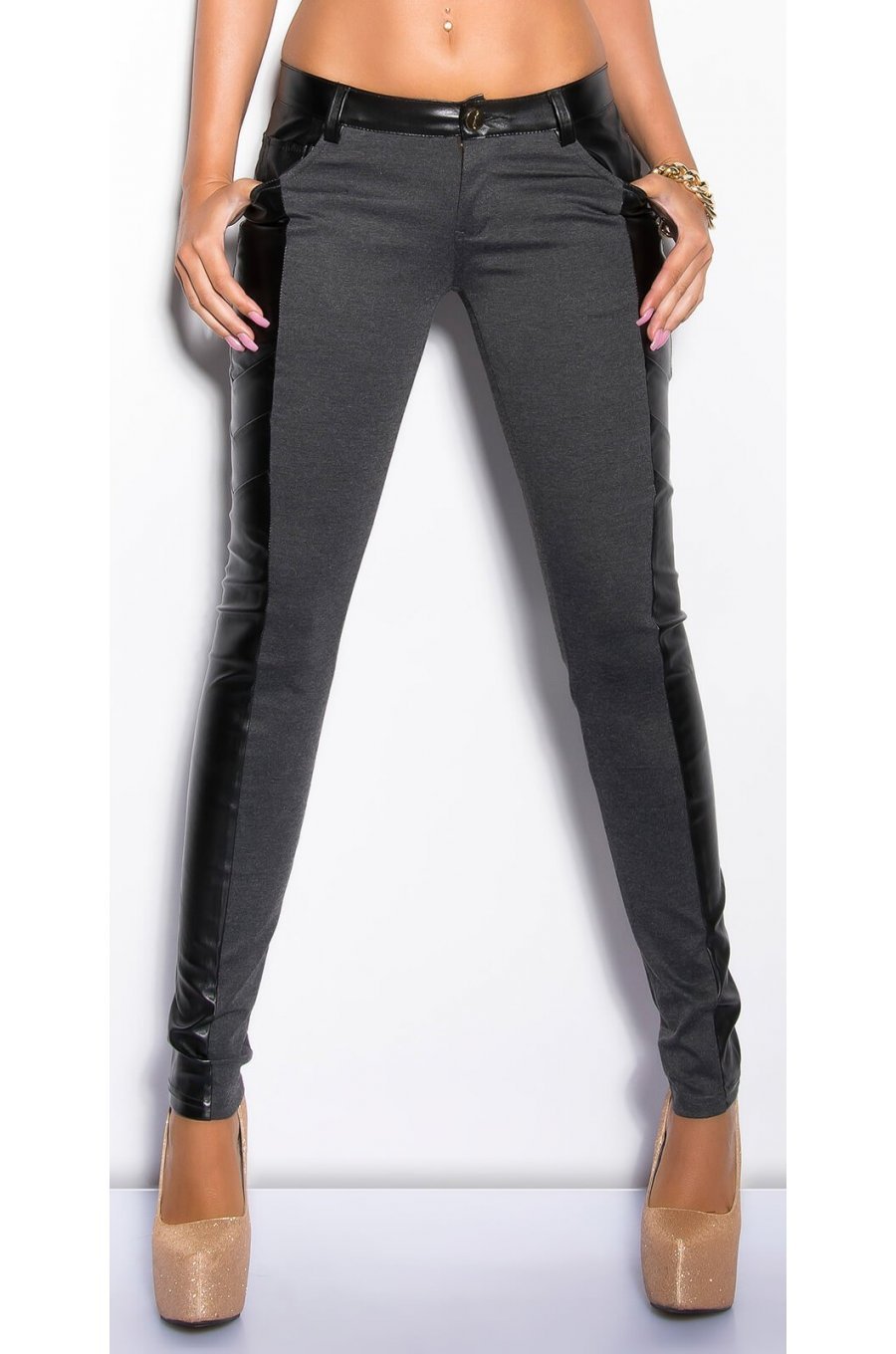 Pantaloni dama eleganti gri vascoza cu insertii din piele, talie joasa Jamilla 4 - jojofashion.ro