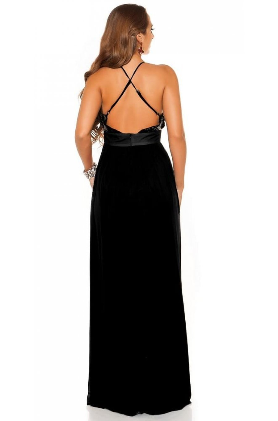 Rochie lunga neagra cu paiete pe bust Sevda 3 - jojofashion.ro