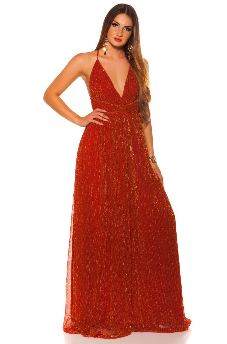 Rochie lunga rosie vaporoasa cu glitter auriu Dariana 1 - jojofashion.ro