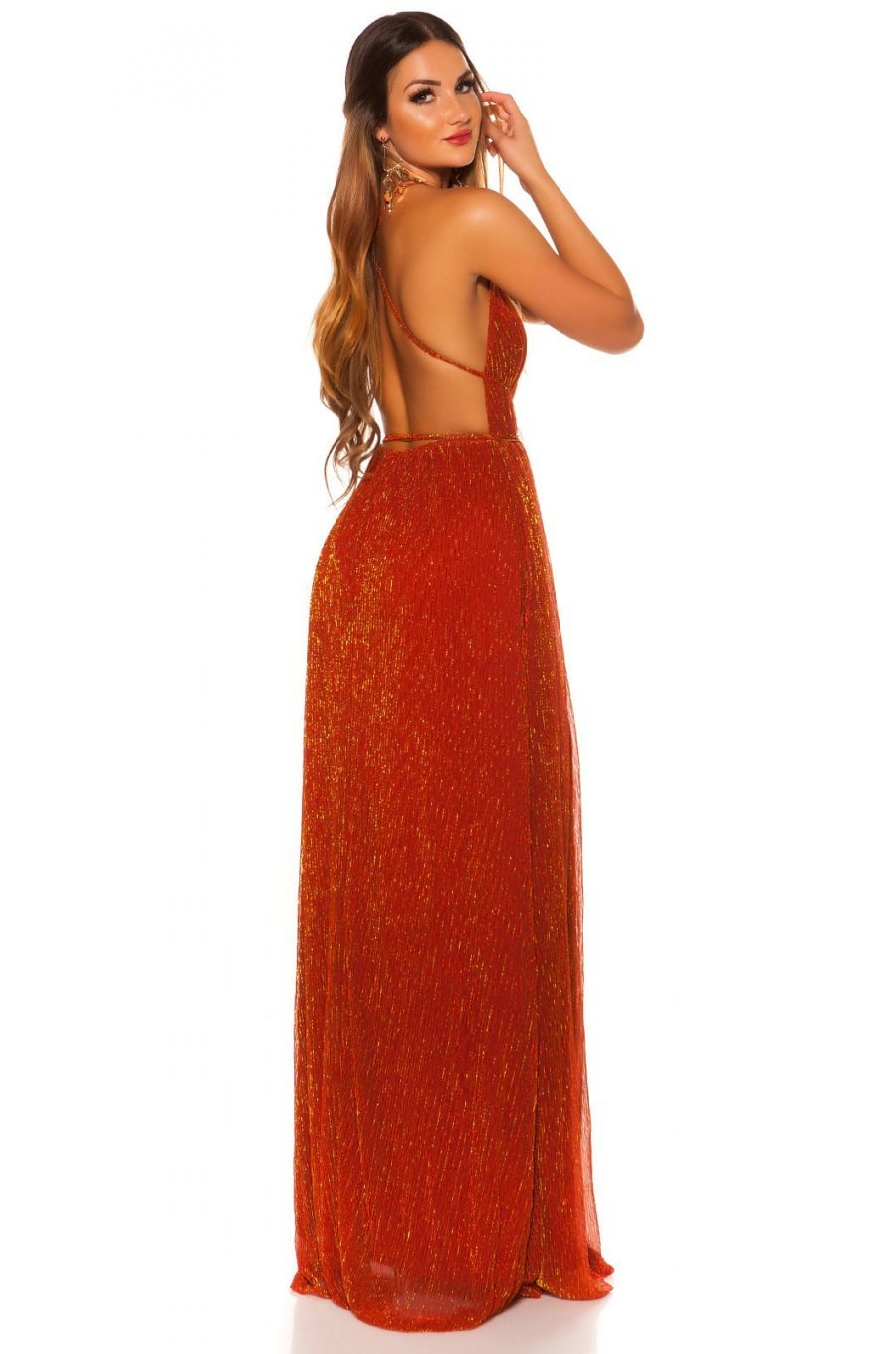 Rochie lunga rosie vaporoasa cu glitter auriu Dariana 3 - jojofashion.ro