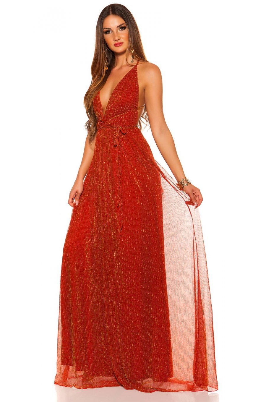 Rochie lunga rosie vaporoasa cu glitter auriu Dariana 2 - jojofashion.ro