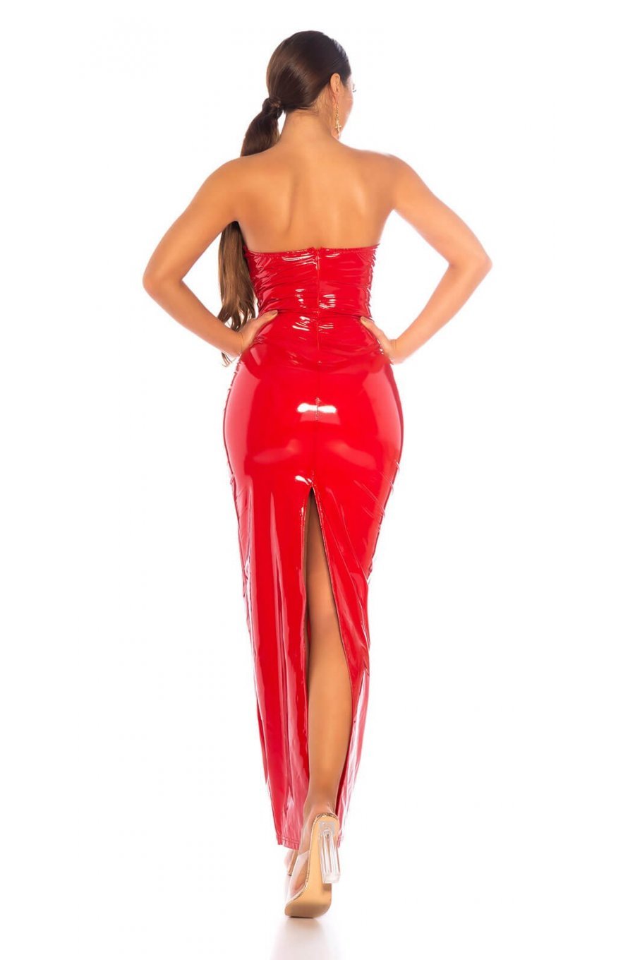 Rochie lunga rosie din latex Lizzy 5 - jojofashion.ro