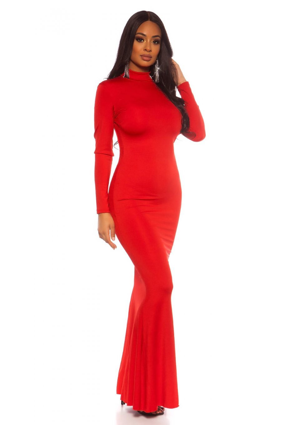 Rochie lunga rosie mulata cu maneca lunga tip sirena Thalia 2 - jojofashion.ro