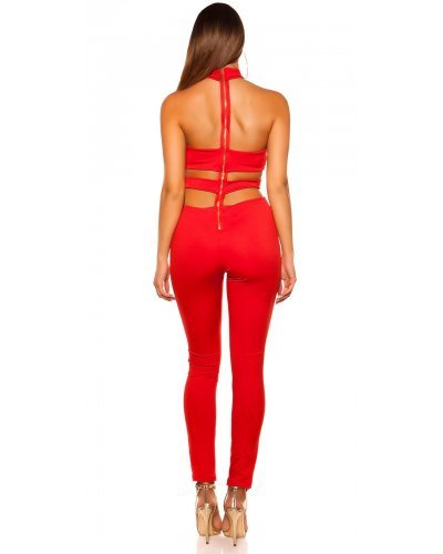 Salopeta rosie cu decupaje sexy Katiusa Salopete dama, Salopeta rosie cu decupaje sexy Katiusa - jojofashion.ro