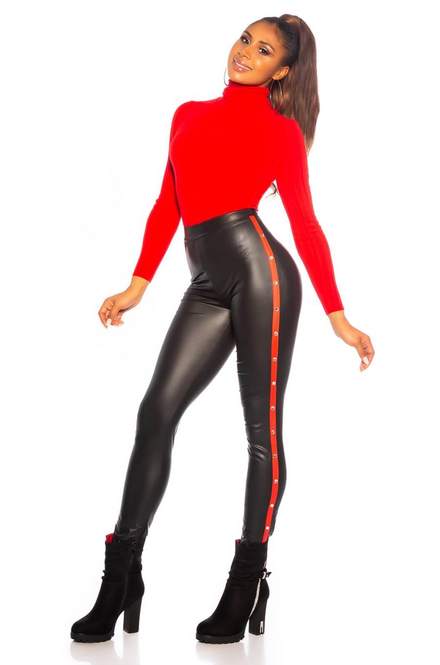 Colanti negri cu dunga rosie imitatie piele Dyonna 2 - jojofashion.ro