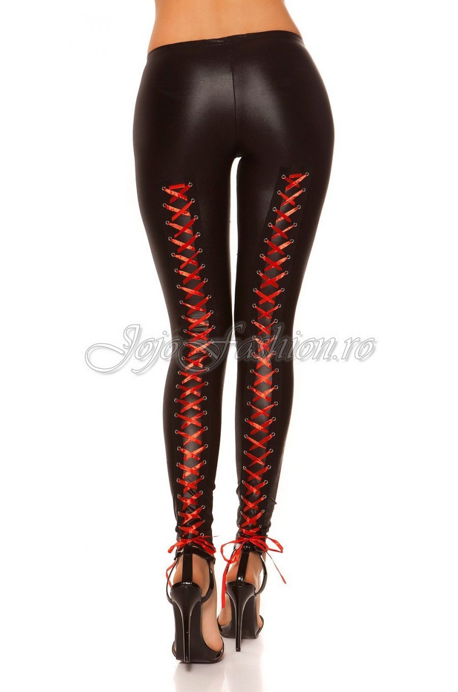 Colanti negri cu siret rosu WetLook Koucla Bonye  4 - jojofashion.ro