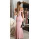 Rochie de ocazie lunga, roz, cu umerii goi, crapata pe picior, Berda 3 - jojofashion.ro
