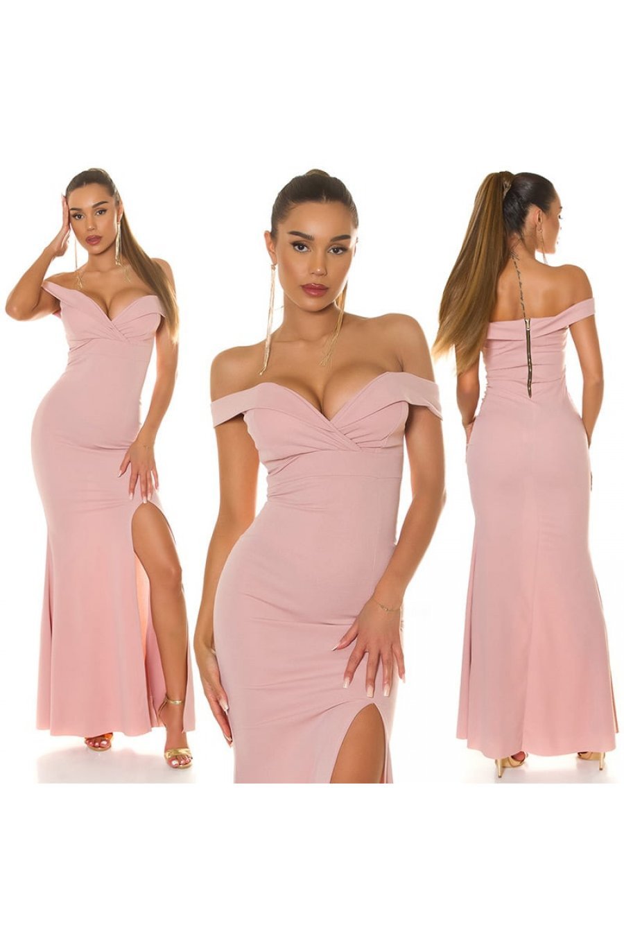 Rochie de ocazie lunga, roz, cu umerii goi, crapata pe picior, Berda 5 - jojofashion.ro