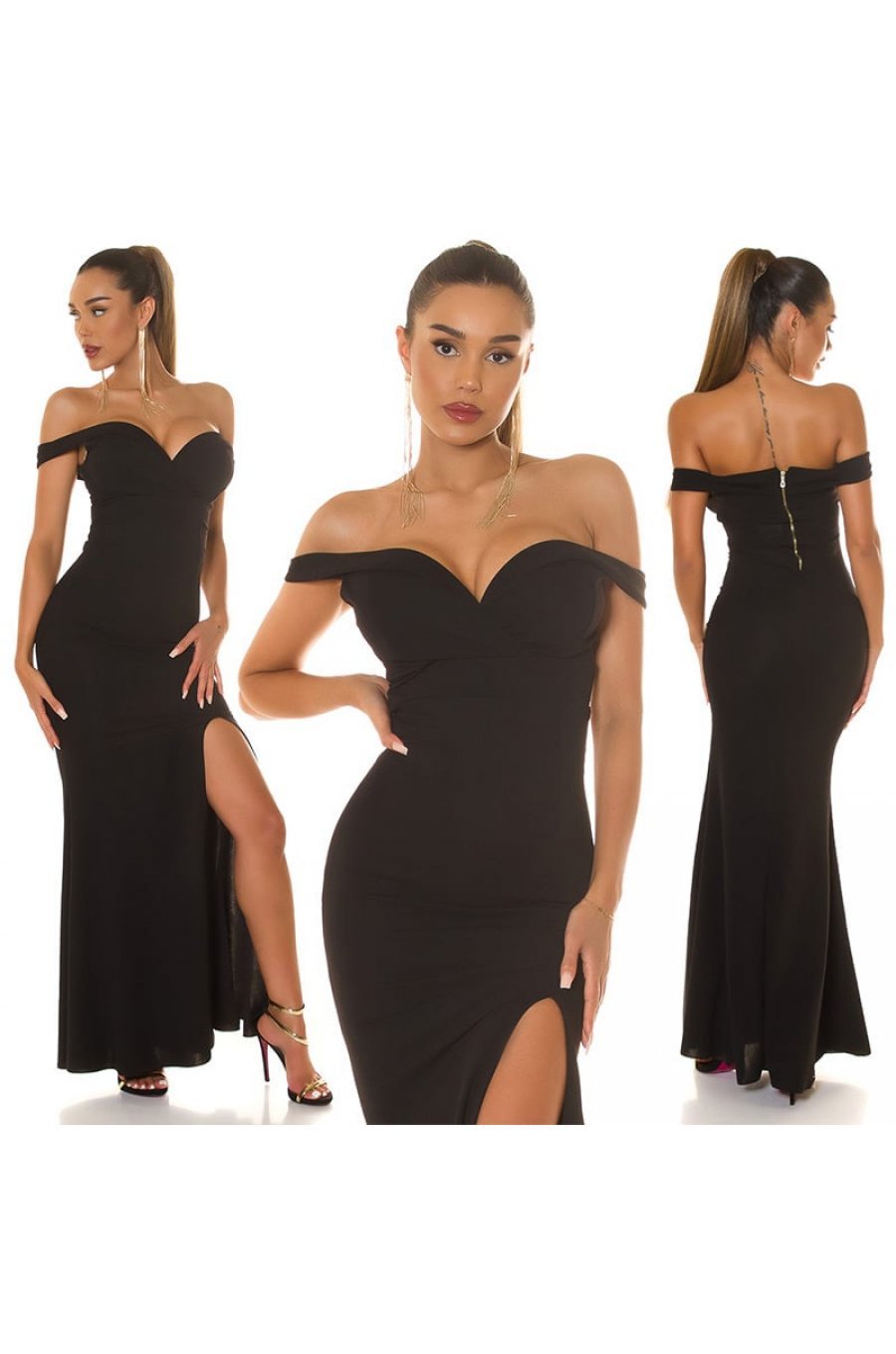 Rochie de ocazie lunga, neagra, mulata, cu umerii goi, crapata pe picior, Berda 3 - jojofashion.ro