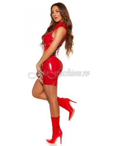 Rochie scurta rosie din latex Isabela Tinute de club, Rochie scurta rosie din latex Isabela - jojofashion.ro