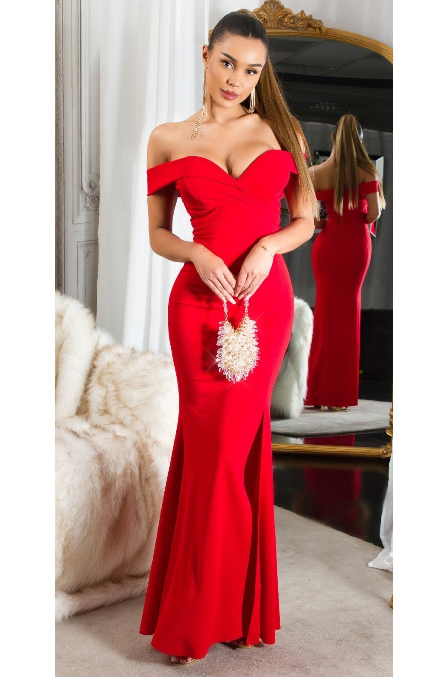 Rochie eleganta lunga, rosie, mulata, cu umerii goi, crapata pe picior, Berda 1 - jojofashion.ro