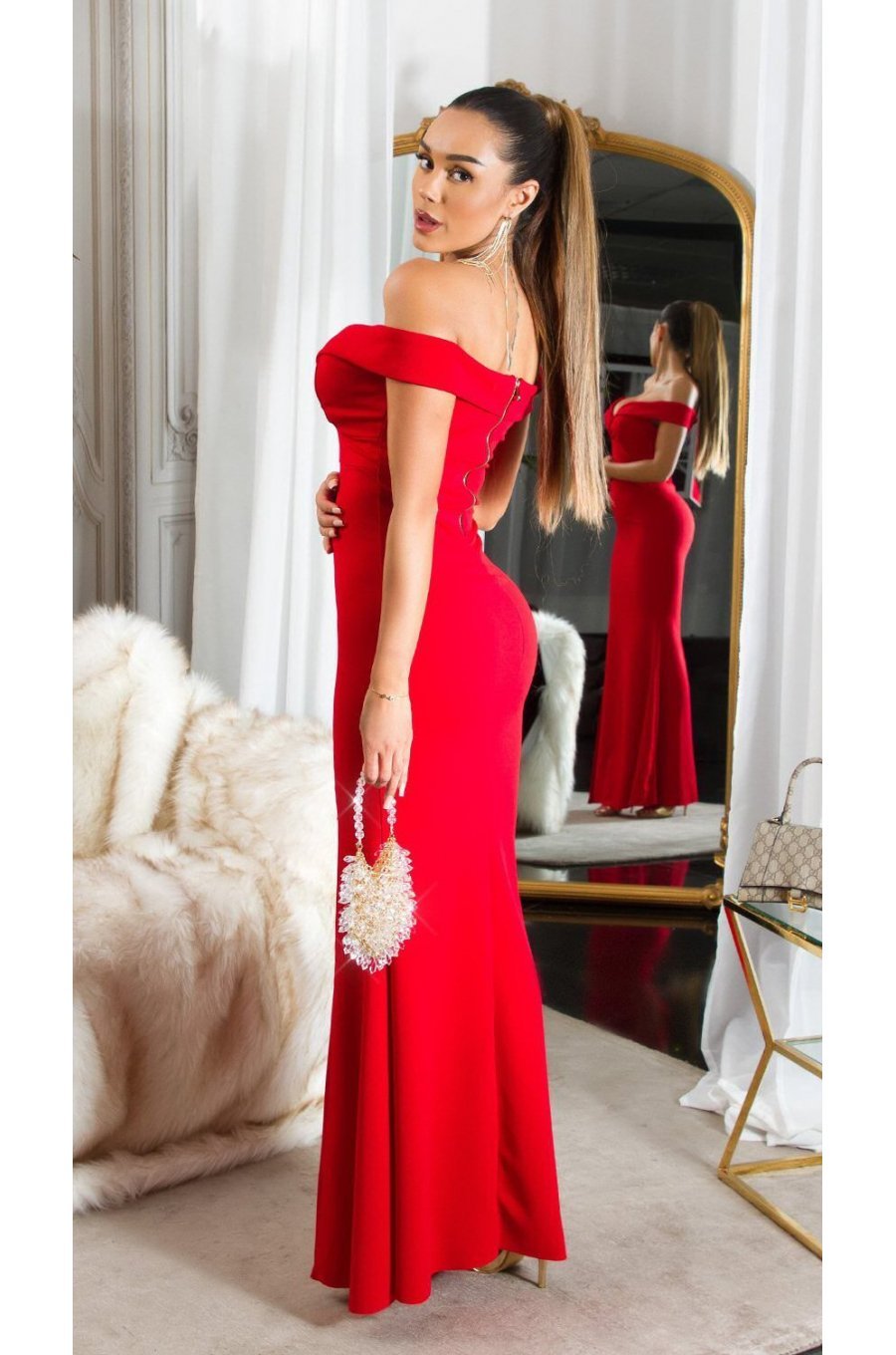 Rochie eleganta lunga, rosie, mulata, cu umerii goi, crapata pe picior, Berda 4 - jojofashion.ro