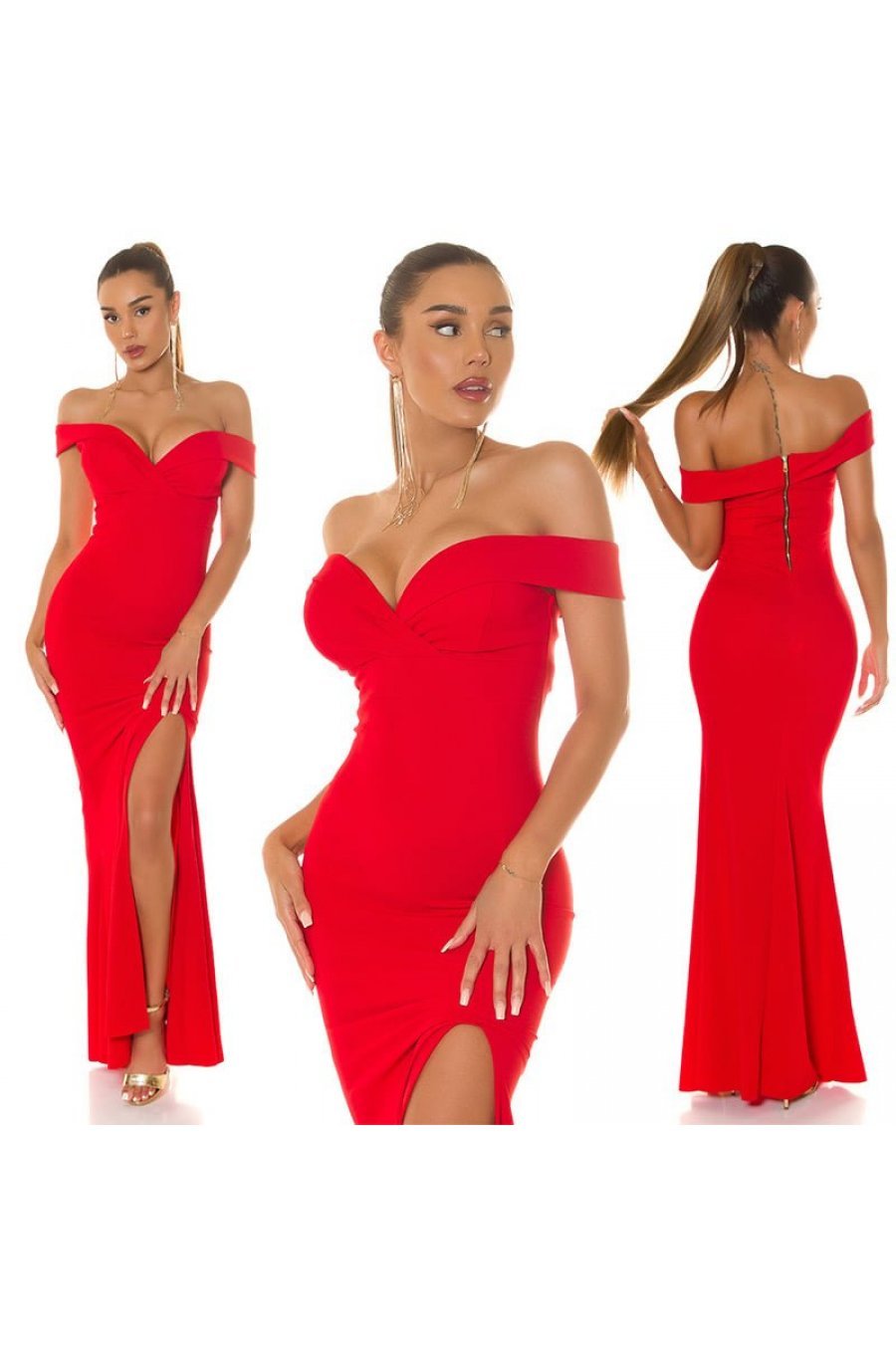 Rochie eleganta lunga, rosie, mulata, cu umerii goi, crapata pe picior, Berda 5 - jojofashion.ro