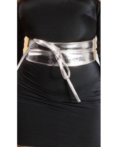 Curea dama, din imitatie piele, argintie, lata, cu snur, Kalissy Curea dama, din imitatie piele, argintie, lata, cu snur, Kalissy - jojofashion.ro